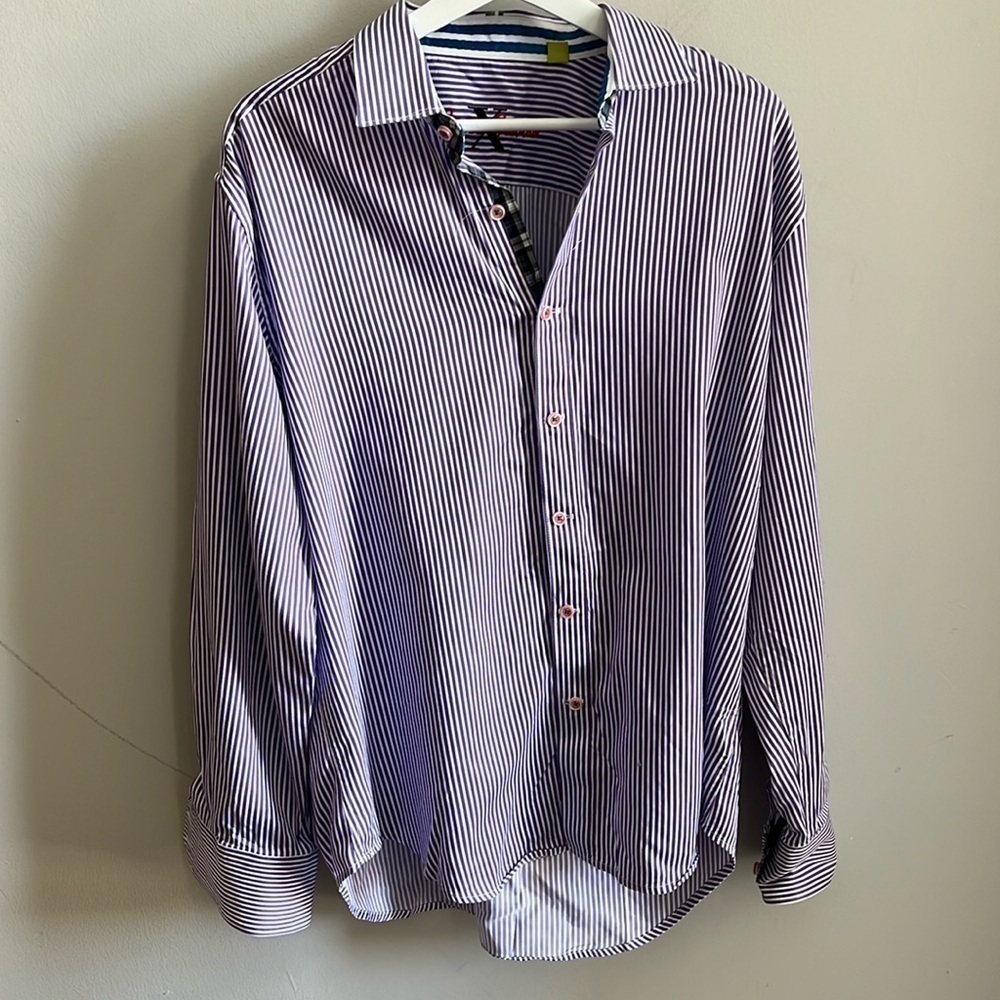 Robert Graham X Casual Button Down Shirt Striped Flip Cuff Size Large Purple